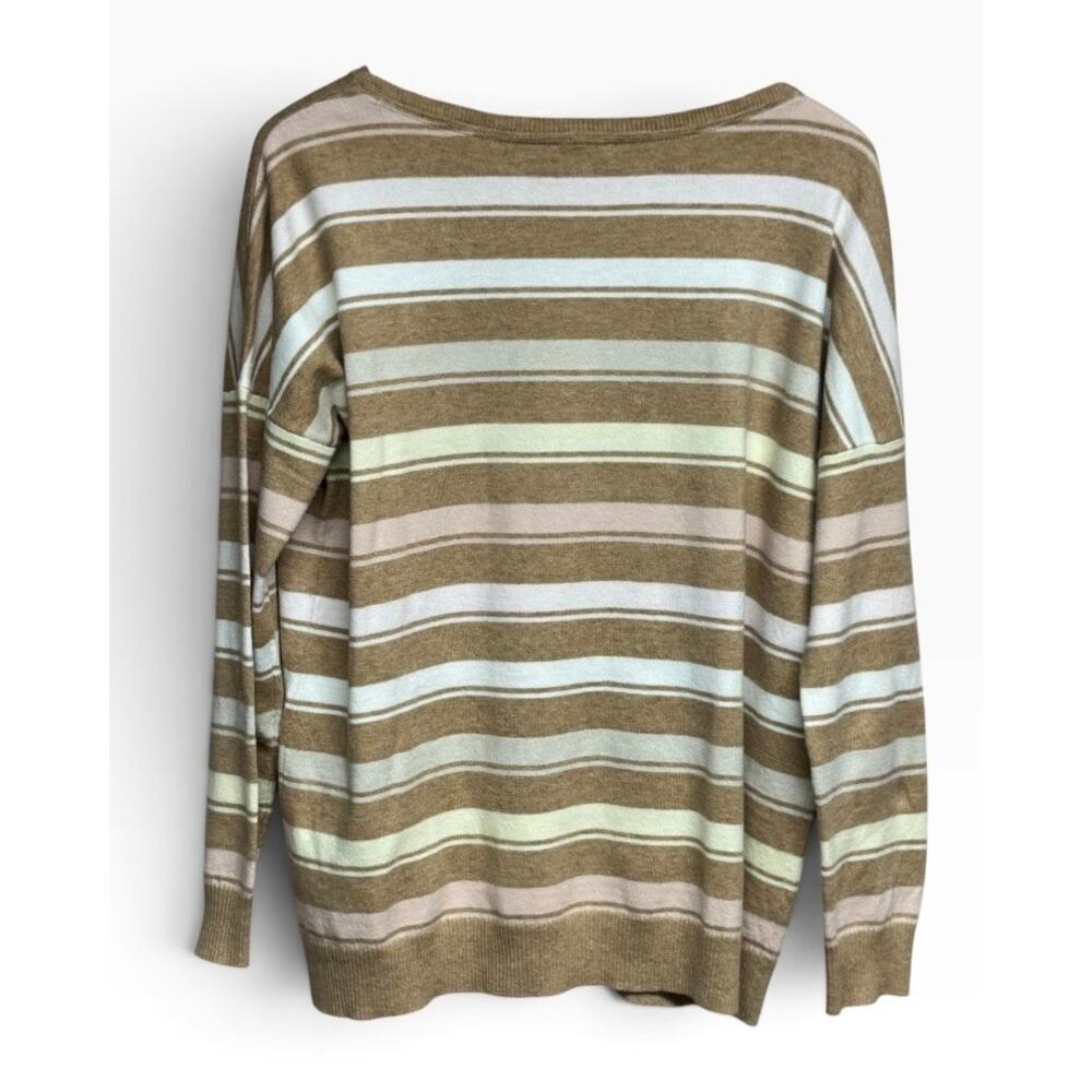 J Jill Striped Sweater Womens Medium Tan Beige Pink Yellow Relaxed Pullover - Picture 2 of 6